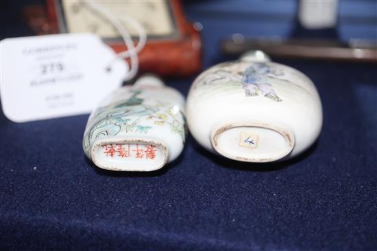 Two Chinese famille rose snuff bottles, 19th century, one with Qianlong mark Tallest 8cm incl. stopper